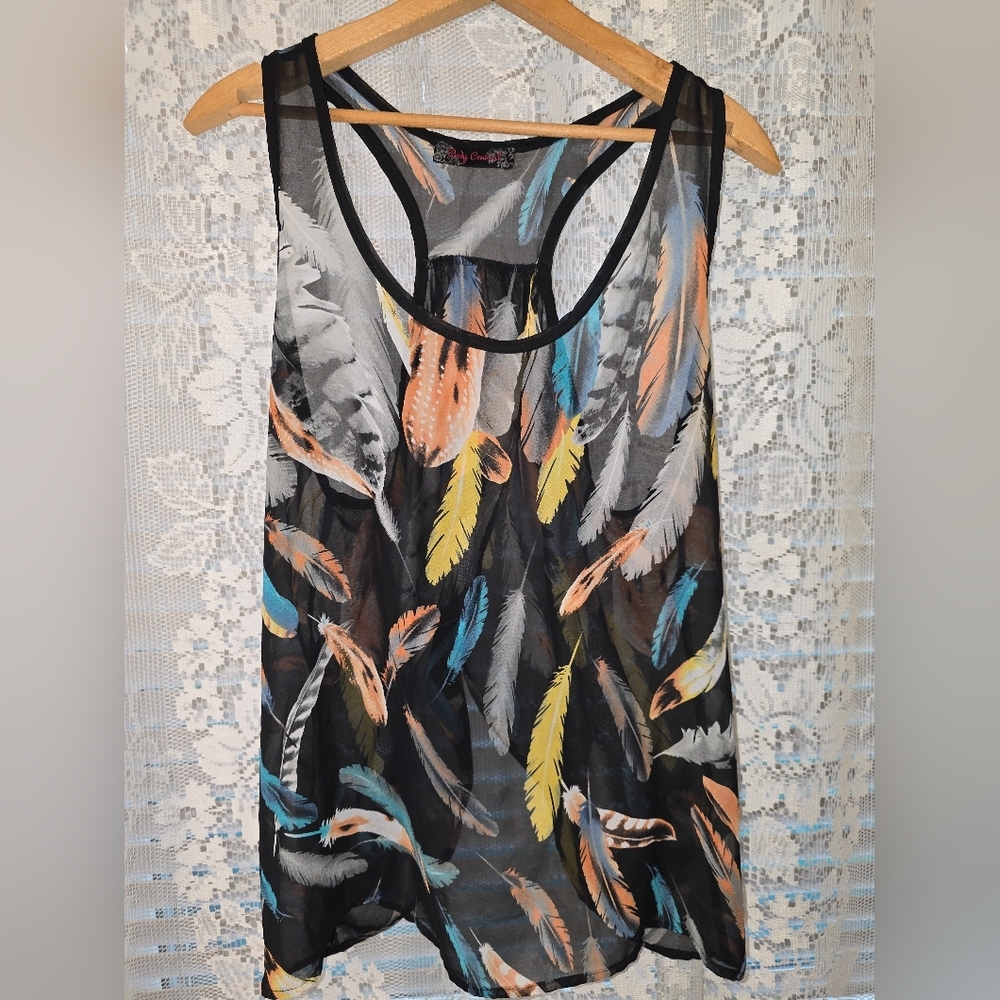 Y2K Body Central Sheer Tank Top With Feather Pattern, Womens
